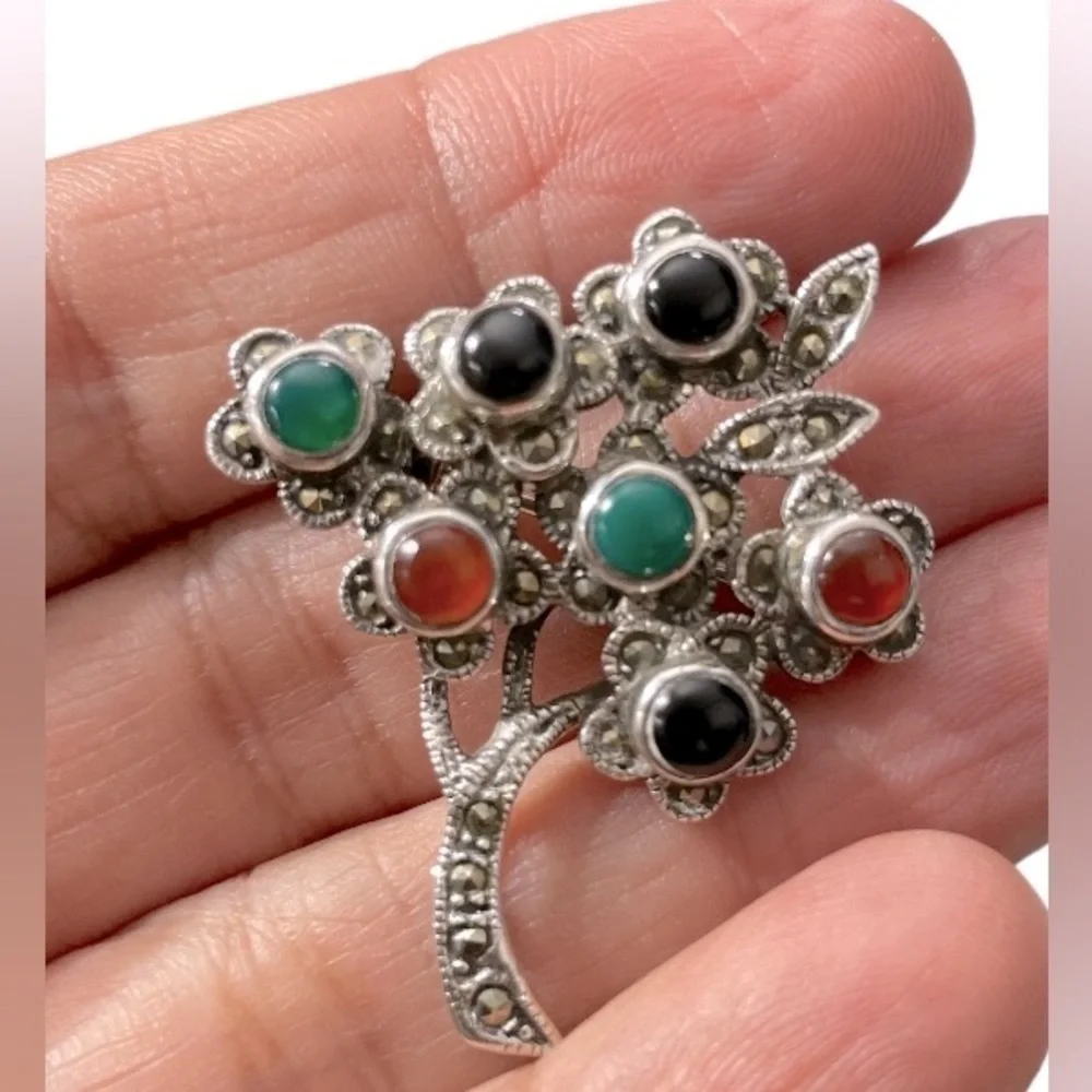 Vintage MC Sterling 925 Bouquet Pin Brooch W/ Marcasite & Colored Stones
